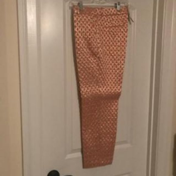 NWT J. Crew Coral and Metallic Gold Jacquard Tailored tapered Ankle Pants - Picture 3 of 6